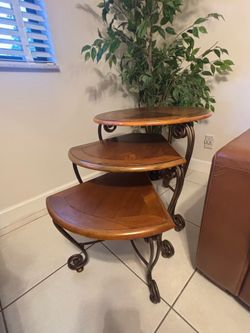 3-Tier Swivel Nesting Table – Wood & Wrought Iron Plant Stand / Side Table