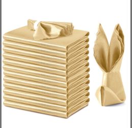 VACVELT 24 Pack Gold Satin Napkins 12x12 Inch Wedding Napkins, Scalloped Elegant Dinner Napkins Square Table Napkins Decor, Silky Satin Cloth Napkins 