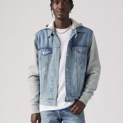 Levis JEAN Jacket Mens Hoodie Snap Hooded Denim Trucker Sweatshirt - SIZE MEDIUM