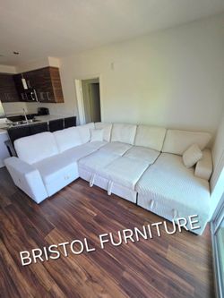 🏆 Sectional Sofa Bed, Storage Chaise, Beige Color,  Corduroy Fabric, New in the Box.