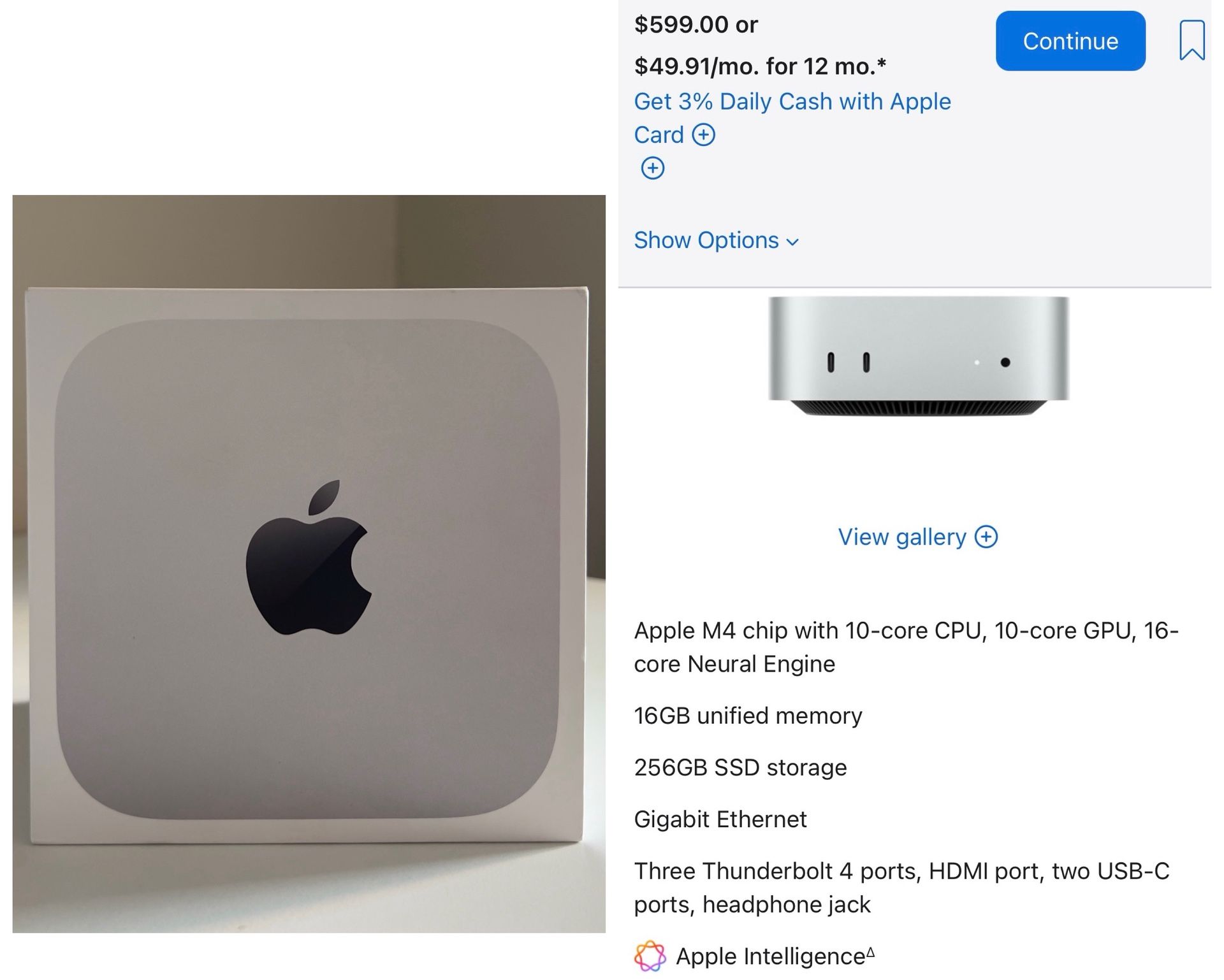 Brand new/sealed Mac mini with Apple M4 chip, 16GB RAM / 256GB SSD.   10-core CPU  10-core GPU 