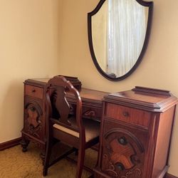 Antique wooden vanity desk w/ chair & mirror