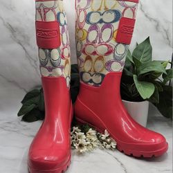 Coach 9B Pearl Dream Pink Multicolored calf Rain Boots approximate shaft 15 1/2", heel 1 1/2", 14"h there is some punching in fabric and the back of t