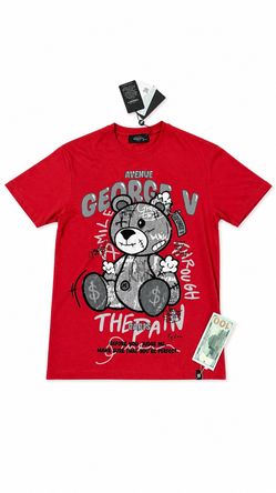 George V Teddy Bear Graphic Red Cotton Short Sleeve Men's S T-Shirt S Rhinestones