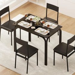 Dining Table Set with Black Glass Table and 4 PU Cushion Top Chairs, 5-Piece Dinette Sets for Small Spaces Kitchen, Home Furniture Rectangular Modern 