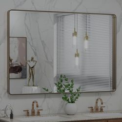 LOAAO 48”X32” Bronze Bathroom Mirrors for Vanity, Rounded Rectangle Brushed Bronze Metal Frame Mirror, Anti-Rust, Tempered Glass, Hangs Horizontally o