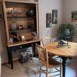 $650 reduced to $425-MUST SELL!!!!Game Room/Kitchen Set -nice Maple wood ; Table w/ 4 chairs & Hutch (shelving unit),—Maple Wood in beige and black 