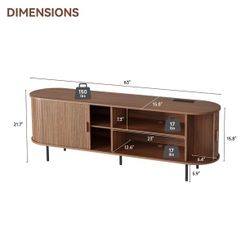 63" TV Stand for 70" TV, Wood Entertainment Center with Storage and Shelves, 2 Sliding Tambour Doors, Mid-Century Modern, Walnut