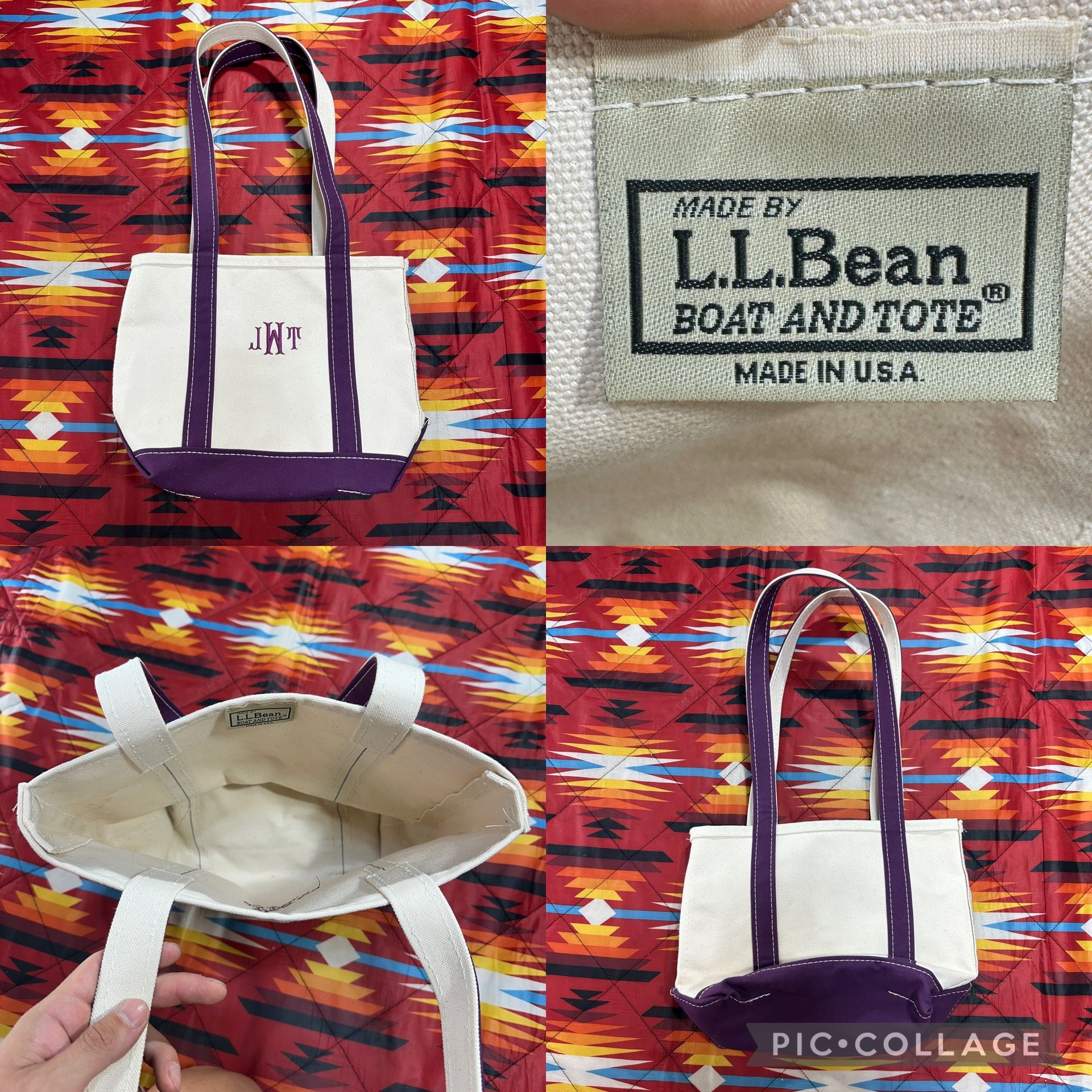 Vintage Small LL Bean Classic Canvas Boat And Tote Bag Purple & White USA Made