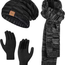 Winter Hat Beanie Scarf Touchscreen Gloves Set, 3Pcs Soft Thick Fleece Lined Gloves Skull Cap Scarf Set for Women Men