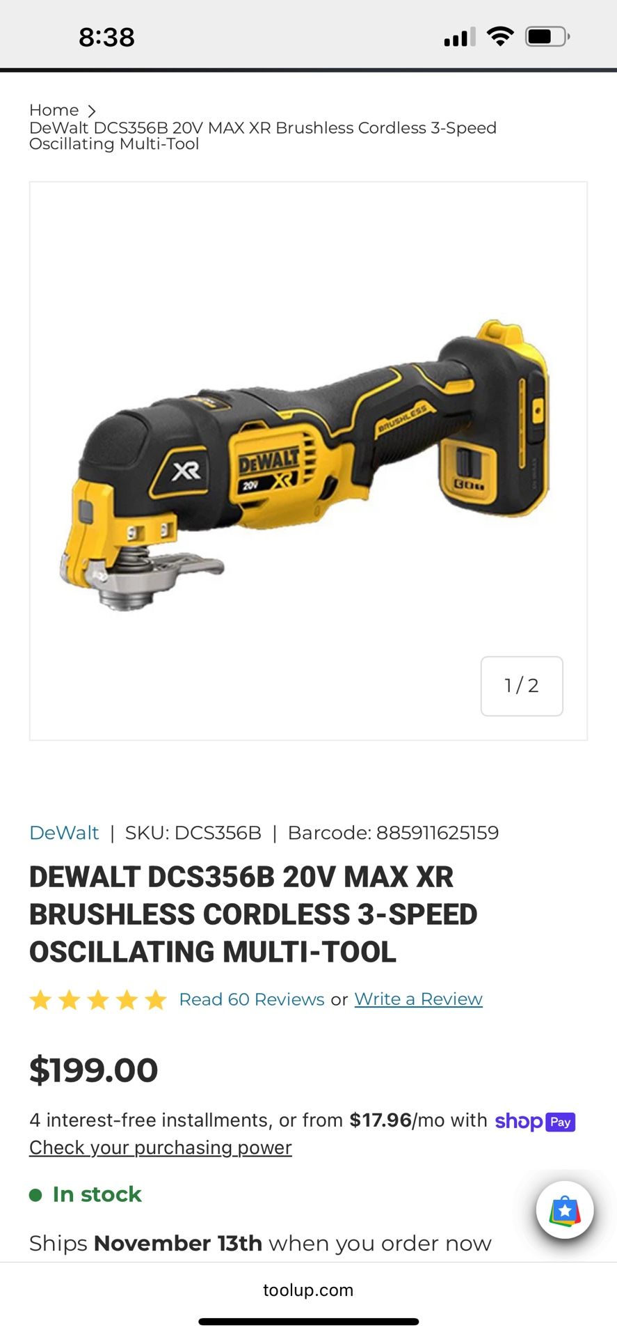 DEWALT DCS356B 20V MAX XR BRUSHLESS CORDLESS 3-SPEED OSCILLATING MULTI-TOOL