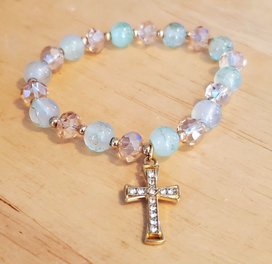 Goldtone And Genuine Stone Cross Bracelet 