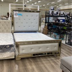 Champagne Leatherette Solid Wood Bed Frame 