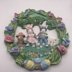 Vintage Easter Resin Wreath - Bunny, Floral Accents, Spring - 13”