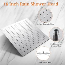 16 Inch Square Rain Shower Head, 304 Stainless Steel, Ultra Thin High Pressure Bathroom Rainfall Showerhead (Brushed Nickel) (324 Jets)