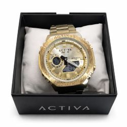 Activa Dual Time Gold Tone Men's Watch Water Resistant 30M Stainless Bracelet