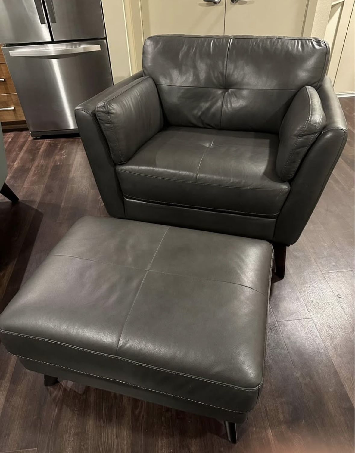 Gray Leather Chair and Ottoman