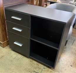 new assembled 31.5x16x28.5in 3 Drawer File Cabinet, Wood Lateral Printer Shelf with Open Storage Shelf, Lockable Wheels for Home Office, Black