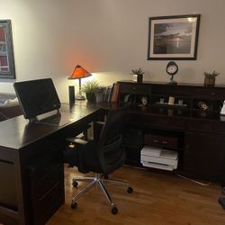 Raymour & Flanigan Dark Brown L-Shaped Wooden Desk & File Cabinet