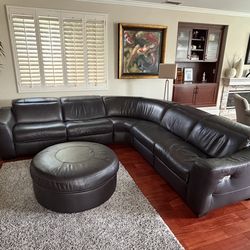 Black Leather Sectional Sofa w/ Recliners + Ottoman