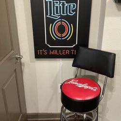 Metal Sign And High Top Stool