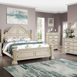 Brand New Antique White 4pc Queen Bedroom Set (Available In California & Eastern King)
