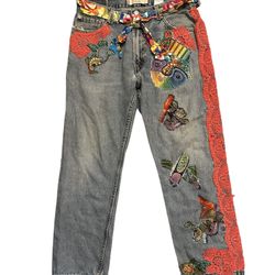 Levis 505 Customized Denim Original Riveted Jeans Regular Fit W36 x L30 With Fabric Tie Belt