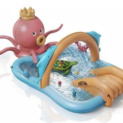 Inflatable Kiddie Pool, Detachable Octopus King Toddler Pool with Water Slide Splash Pad, Inflatable Play Center with Turtle Toss Target for Backyard,