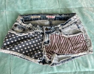 Hot Kiss Acid Wash Denim Shorts American Flag