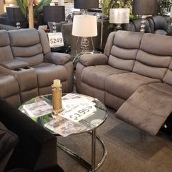 Brand New Gray Linen Manual Reclining Sofa + Loveseat 2PCs Set