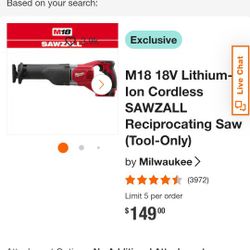Milwaukee M18 Cordless SAWZALL (Tool-Only)
New Open Box.  Firm Price🛑