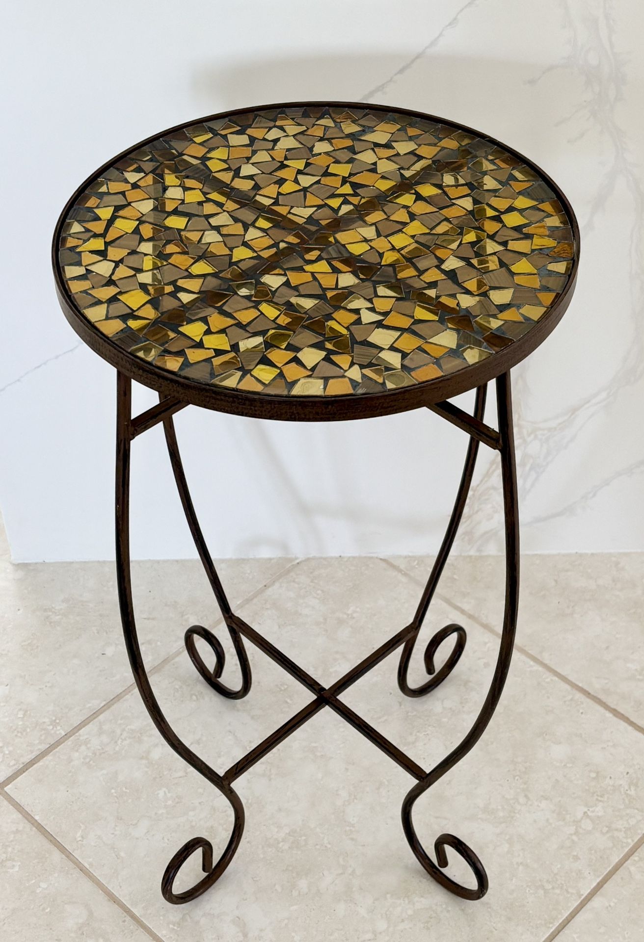 23”H  Mosaic Glass Top Metal Accent Side Table