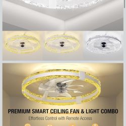 Ceiling Fans with Lights and Remote, 20" Low Profile Flush Mount Ceiling Fan with 6 Speeds & 3 Color Temperature, 3000-6500K Dimmable Led Fandelier fo