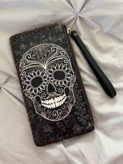 Sugar Skull Cell Phone Wristlet - Brown