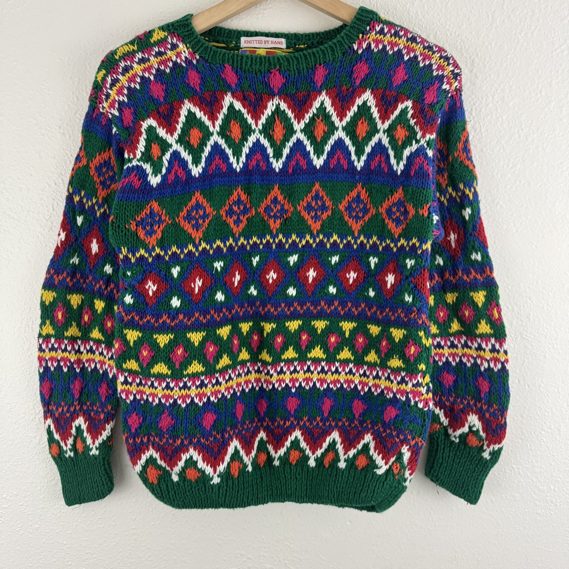 Vintage 90’s Coogi Vibes Multicolor Pattern Stripe Hand Knit Grandpa Sweater