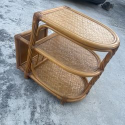 VINTAGE RATAN THREE TIER TABLE W/ MAGAZINE RACK