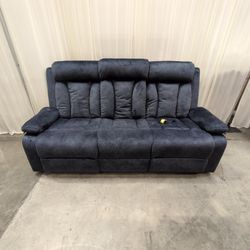 Charcoal Blue Microsuede Reclining Couch with Channel Tufting