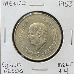 Silver 1953 Mexican Cinco Pesos Hidalgo Ley .720 Plata