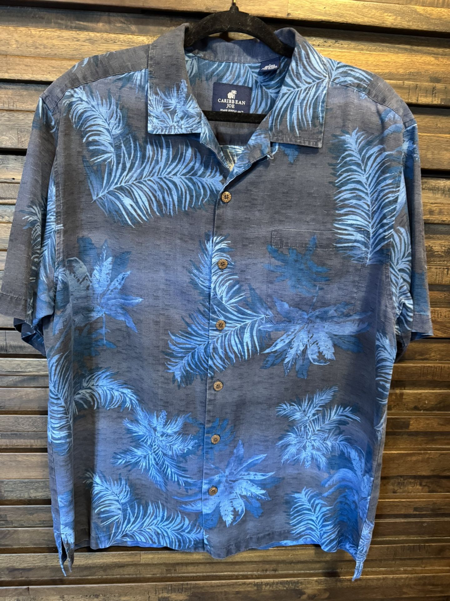 Caribbean Joe Hawaiian Shirt 100% SILK Mens LRG Blue Gray Floral Palm Leaves