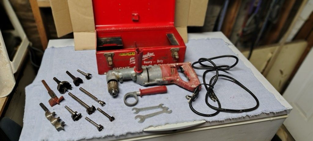 Milwaukee 1/2" "Tu-Speed" Reversible Heavy Duty Right Angle Drill, Boring Bits, And Metal Case