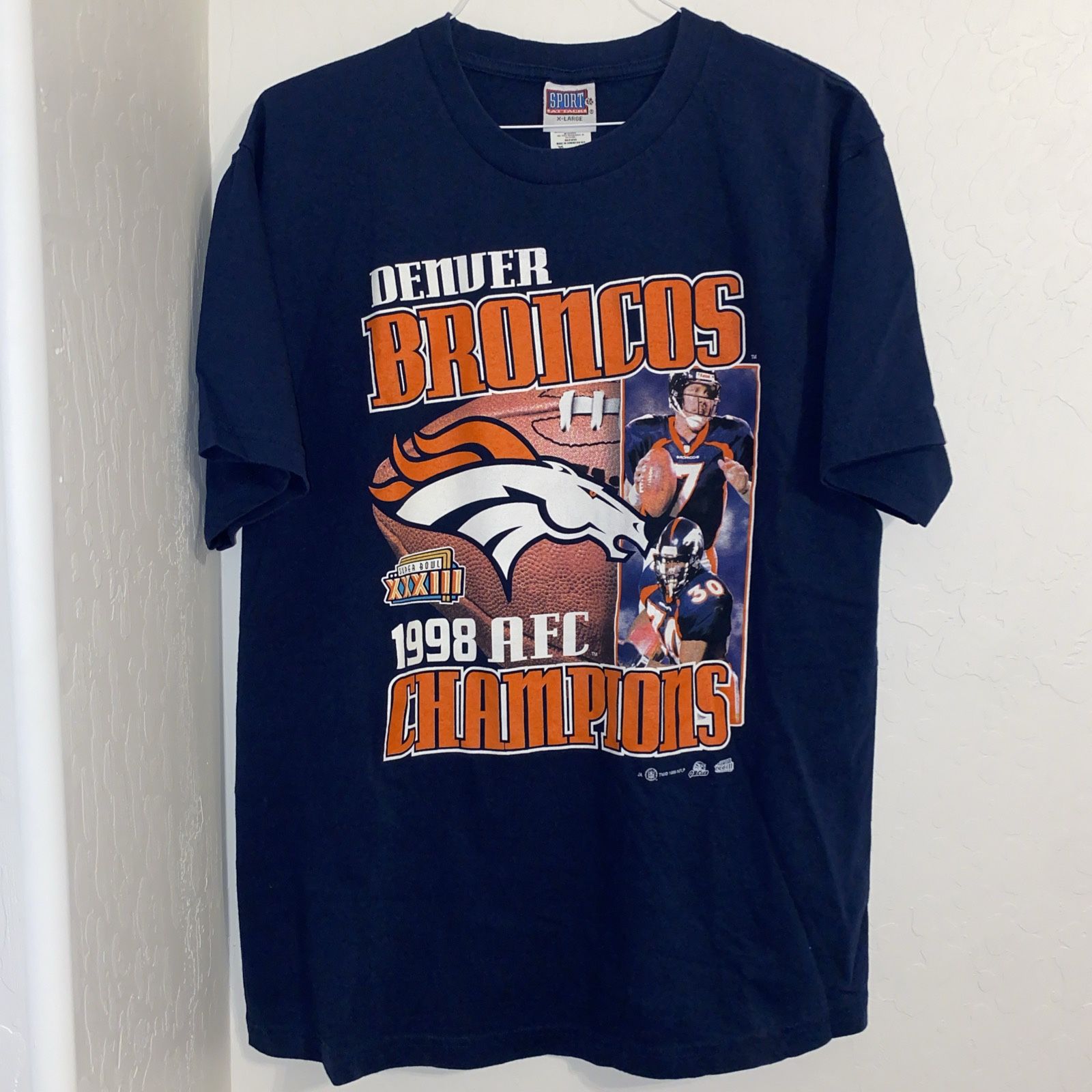 Vintage Denver Broncos Shirt XL Blue 90s NFL Football Super Bowl Champions Elway