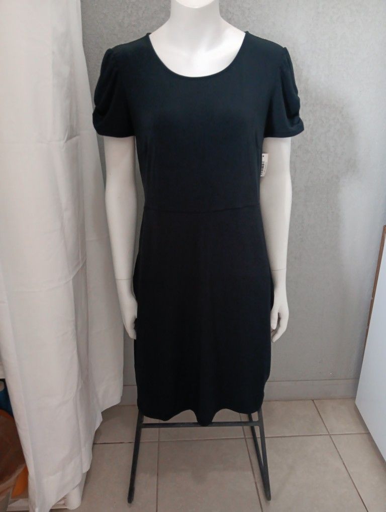 amazon essentials- womens Large black jersey ruched short sleeve round neck dress