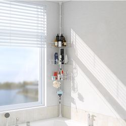 Shower Organizer Caddy - 39-125" Stainless Steel Shower Shelves Rack - Adjustable Organization And Storage Head Holder - Rustproof Tension Pole - Silv