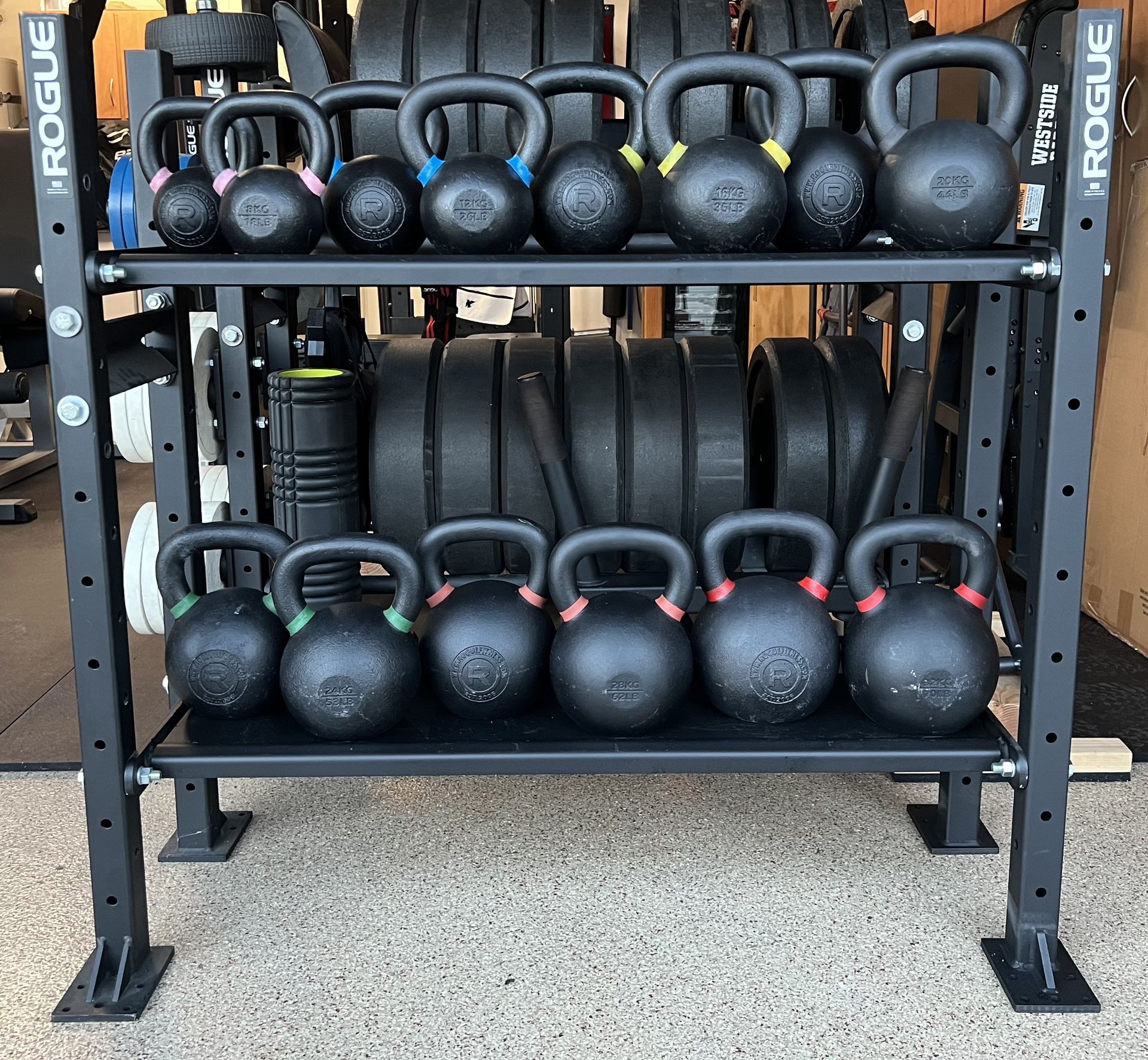 Rogue Kettlebell Set! 7 Pairs, 14 Total Kettlebells. 18 to 70lbs. Kettle Storage Rack