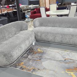 2 PIECE ROUND STYLE SOFA LOVESEAT GRAY VELVET
