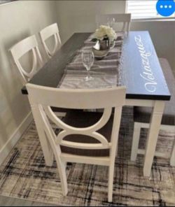 ✅️✅️(6 pc white & grey finish wood dining table set grey padded seat chairs and bench✅️✅️
