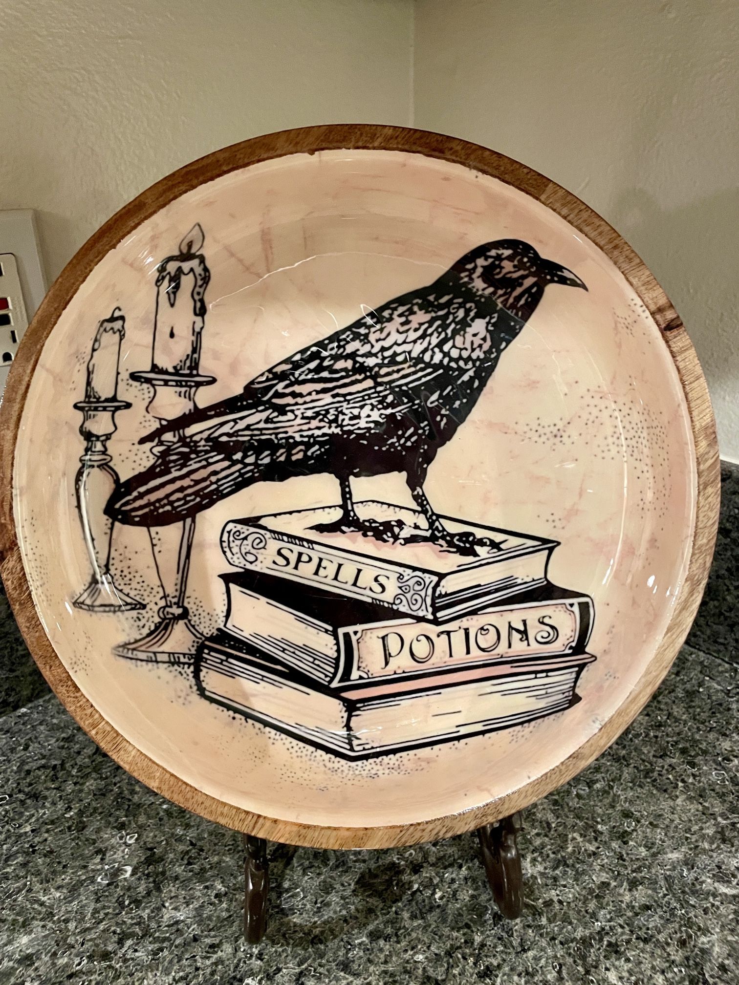 Halloween Wood Bowl With Raven