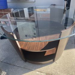 Round Coffee Table Wood And Top Glass 38” Diameter X 19” High