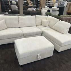 Cream Sectional W Storage Ottoman 