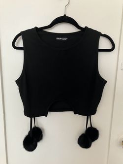 SHEIN Black Crop Top with Pom-Pom Tie Accents, size L
